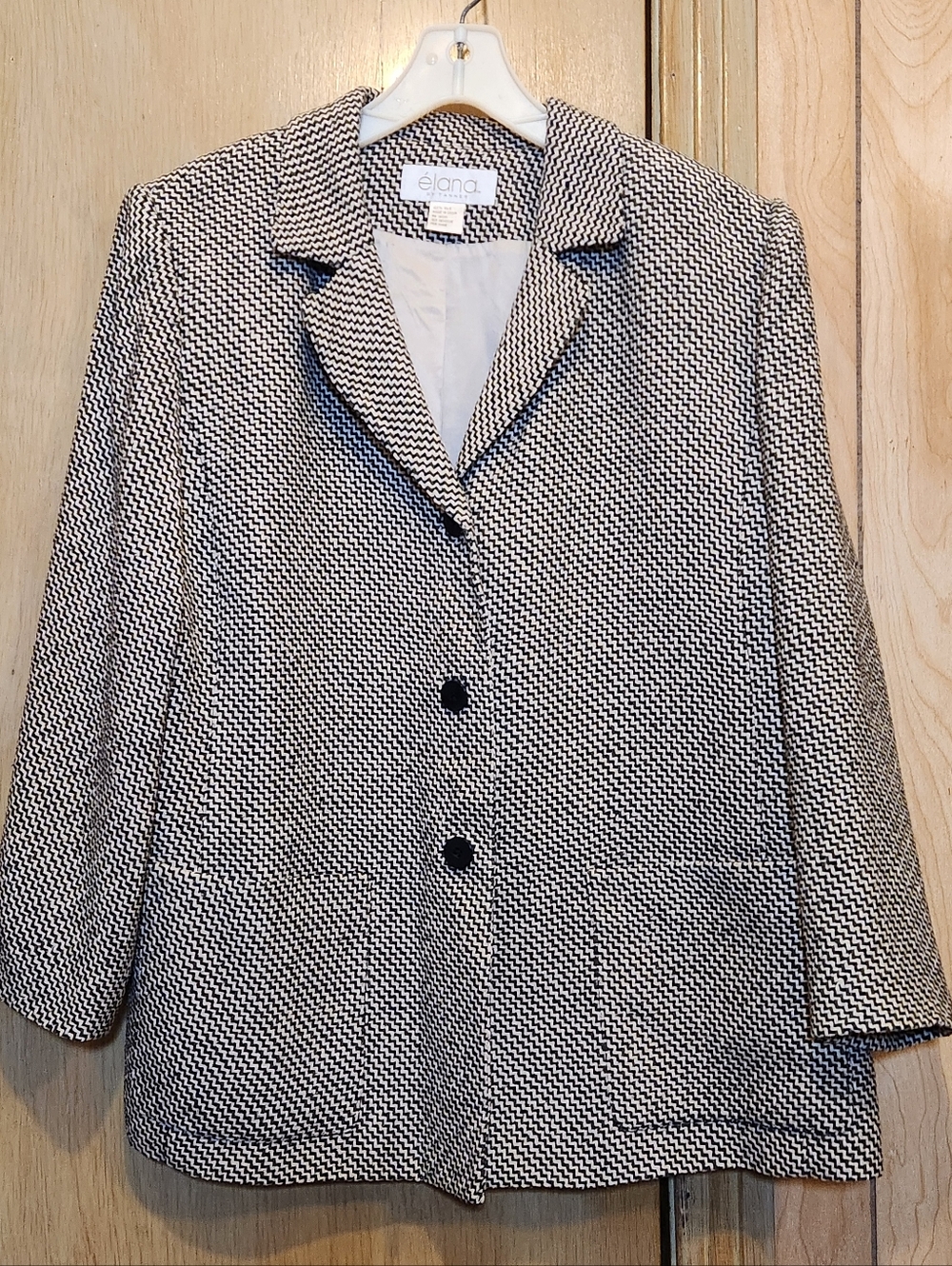 èlana By Tanner 100% Silk Coat  Womens Sz 14 Chevron Pattern Jacket Beige Black